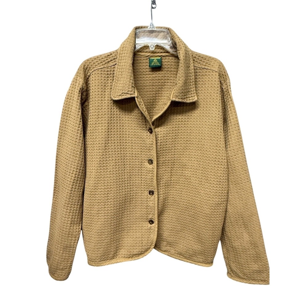 Cabelas Waffle Knit Shirt Jacket Womens XL Tan Cotton Button Front Shacket Long‎